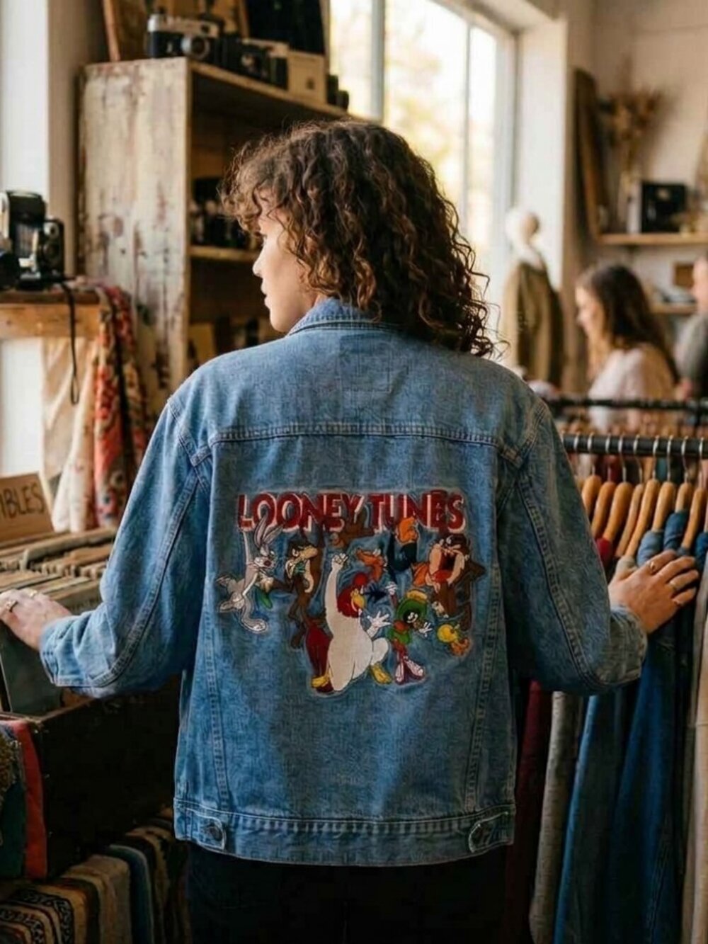 Super vintage looney tunes embroidered jean jacket kids size Large Unisex